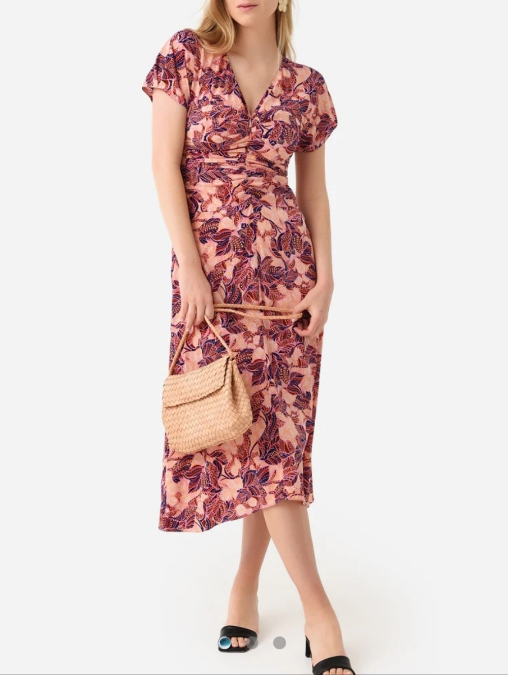 NWT ALC Elodie Floral Silk Ruched Midi Dress In Grapefruit Sedona